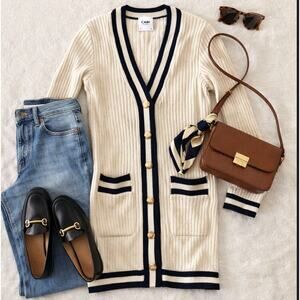 Vintage CAbi Cream Ribbed Preppy Long Cardigan Size S